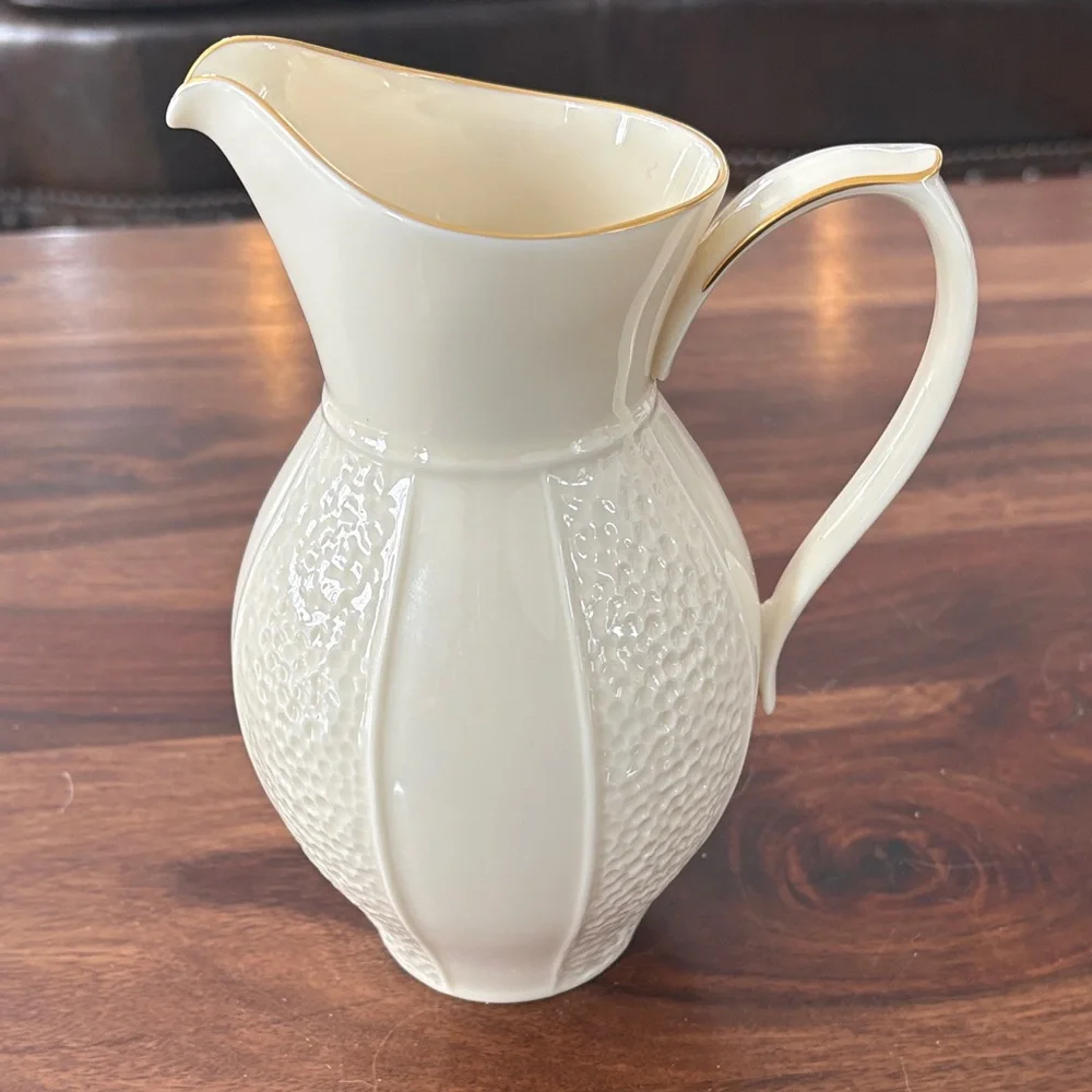 Vintage MCM Lenox Ivory Pitcher Made In USA with Gold Rim Dimpled‎ Panels